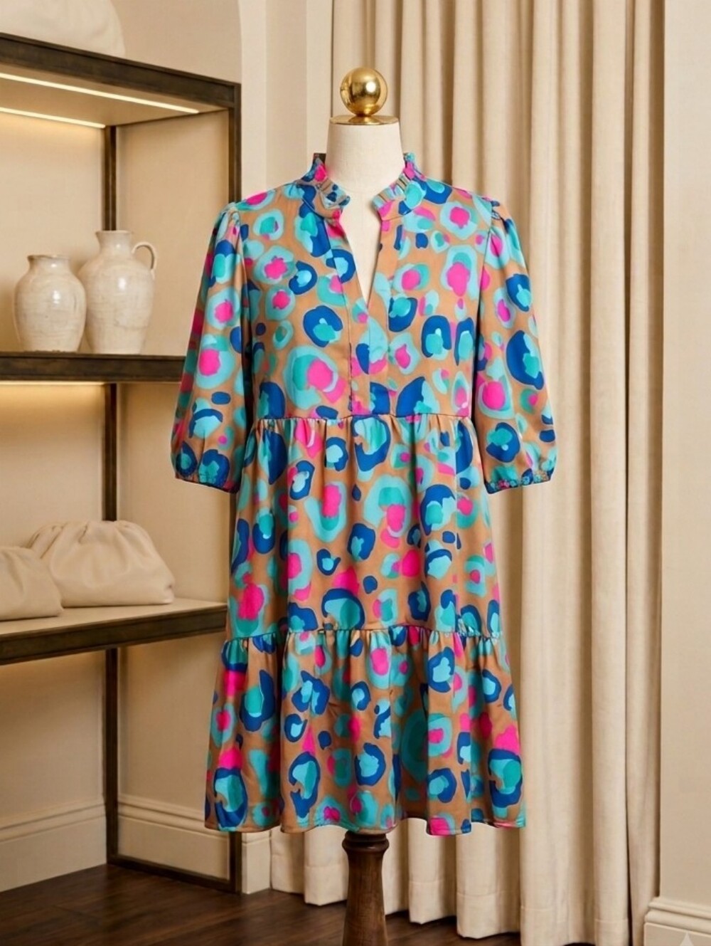 Hidden Brand Multicolor Leopard Print Ruffle Dress – V-Neck Balloon Sleeve